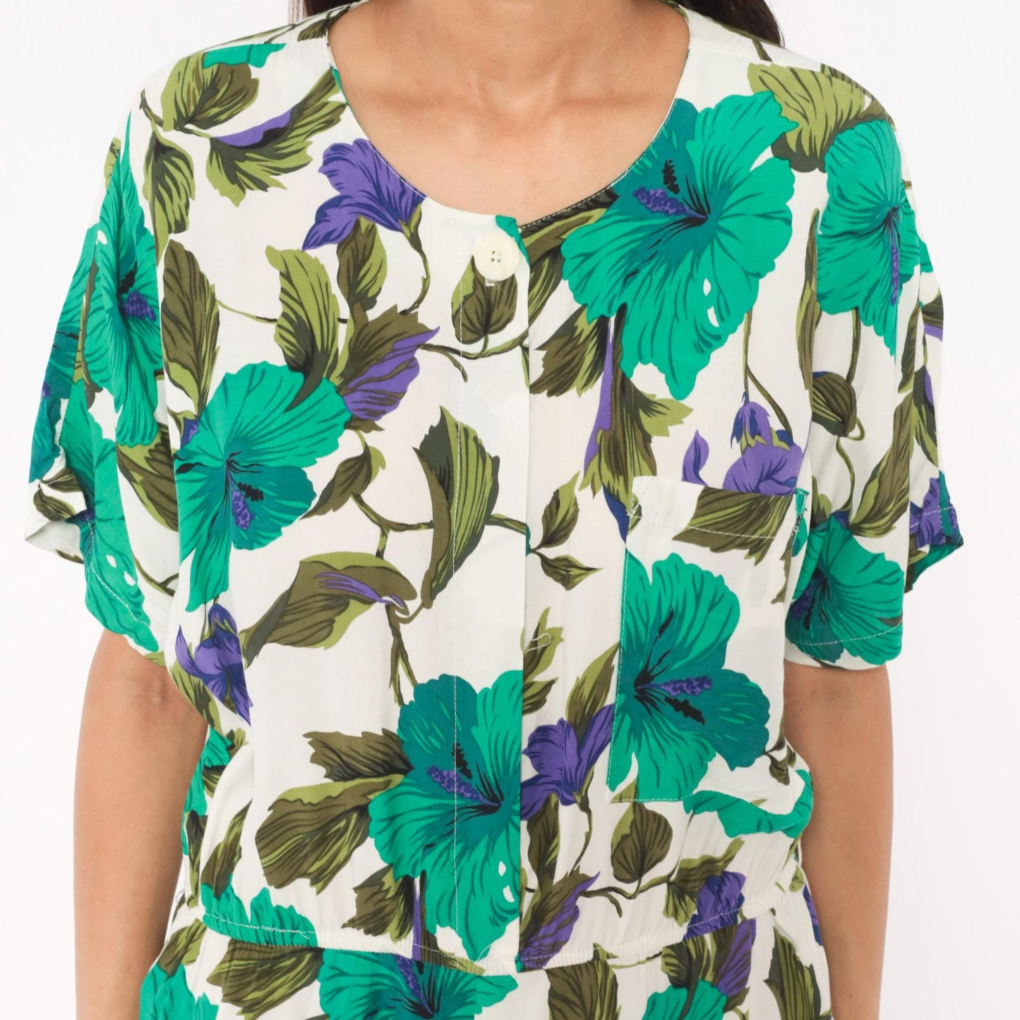 80s Tropical Hibiscus Midi Dress Teal Purple Floral Button Front Large L