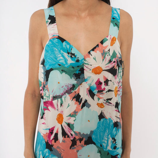 2000s Dress U Floral Maxi Sundress Aqua Pink Daisy V-Neck Plus Size XXL