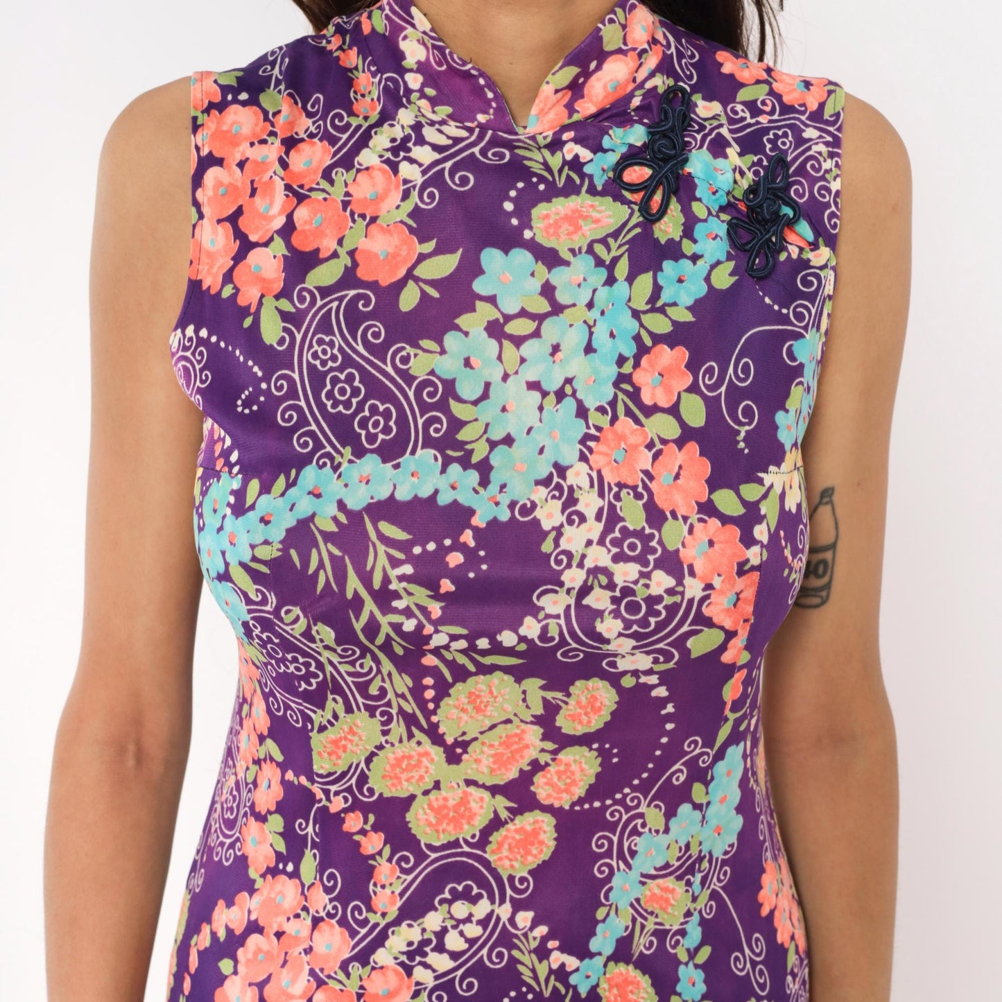 70s Purple Floral Cheongsam Mini Dress Mandarin Collar Frog Closure XS