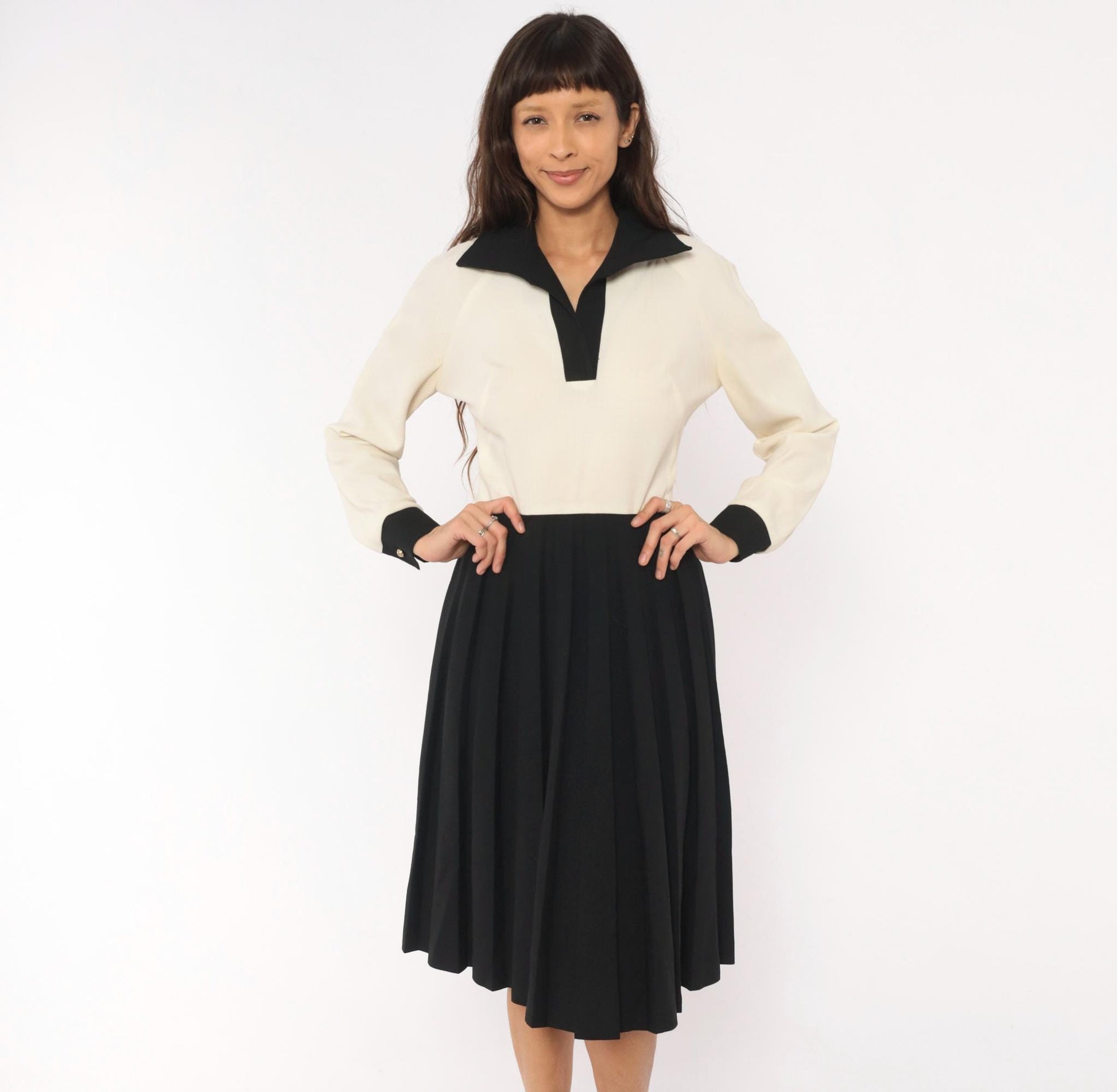 70s Herman Marcus Cream Black Colorblock Polo Dress Knee Length Small