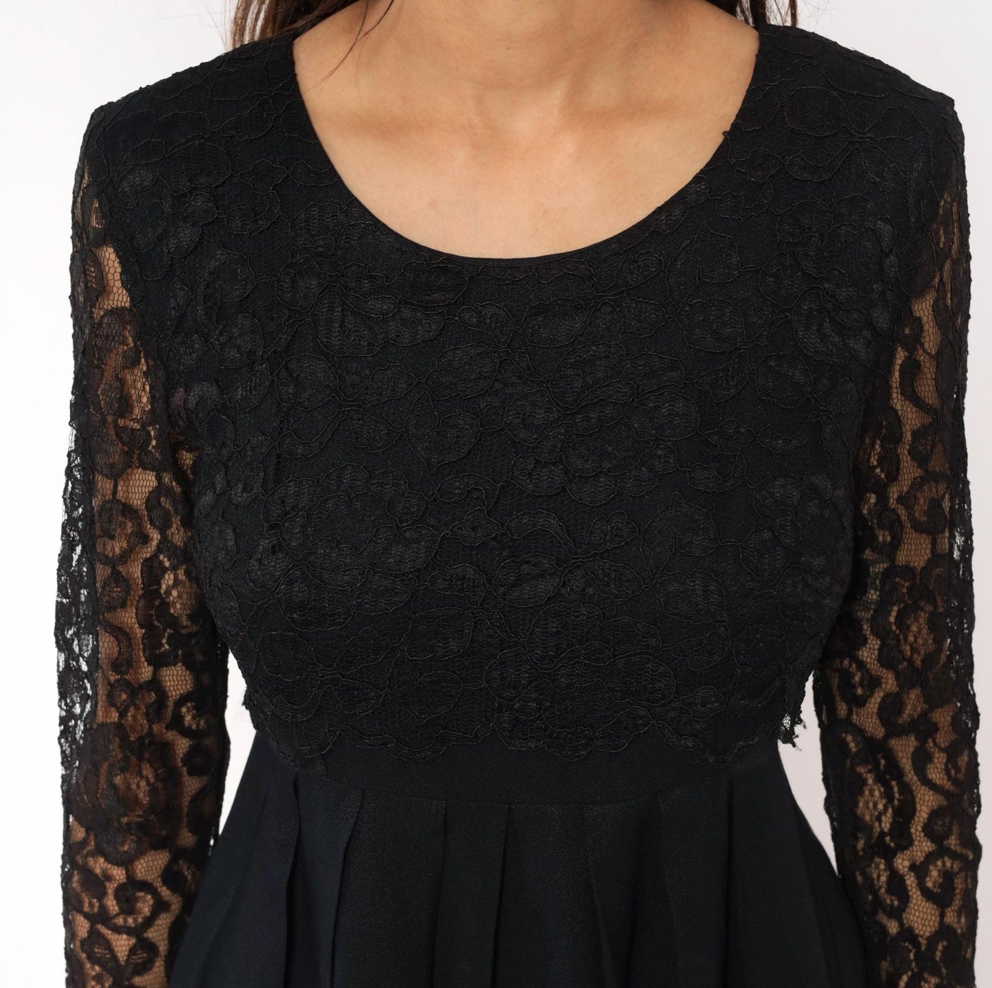 90s Black Lace Dress Floral Sheer Sleeves Pleated Knee-Length Small