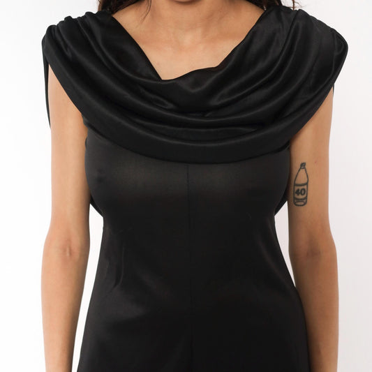 70s Diamond's Run Black Cowl Neck Mini Dress Open Back Small