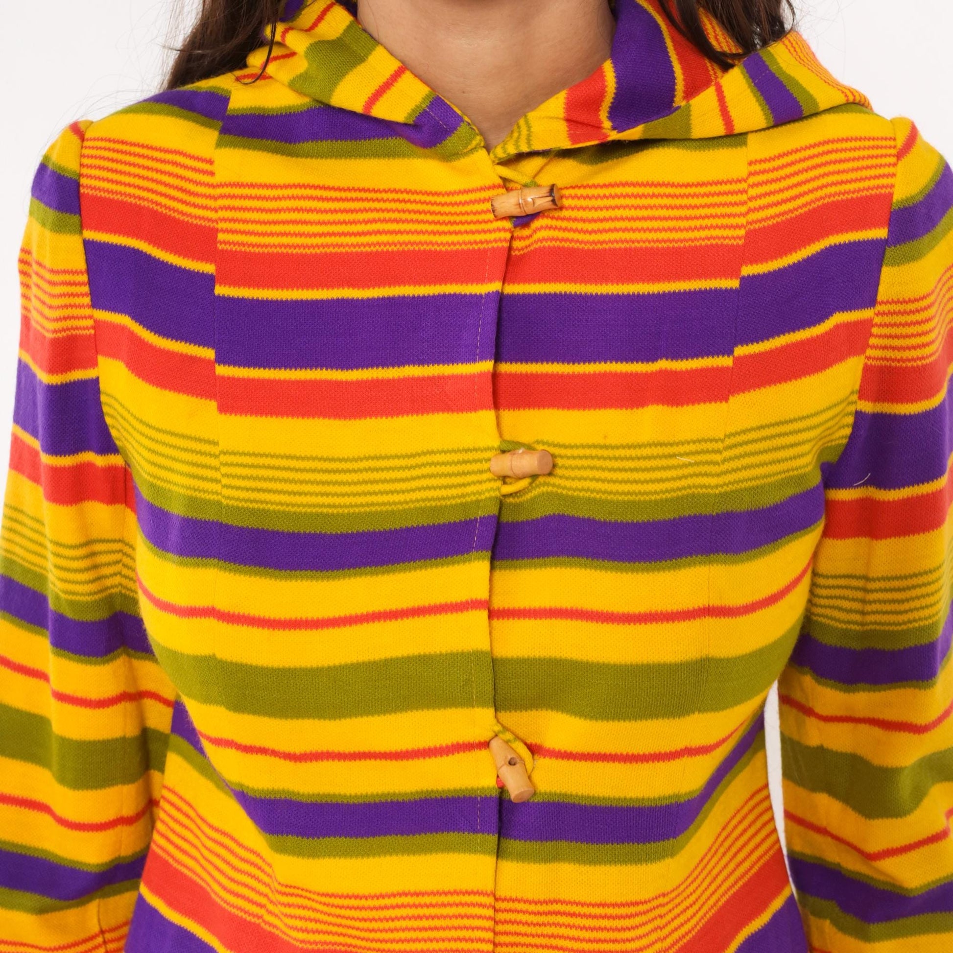 70s Striped Hooded Jacket Multicolor Rainbow Button Front Extra Small