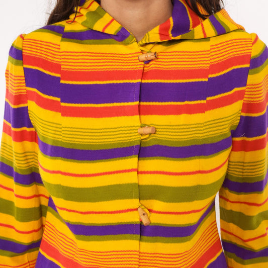 70s Striped Hooded Jacket Multicolor Rainbow Button Front Extra Small