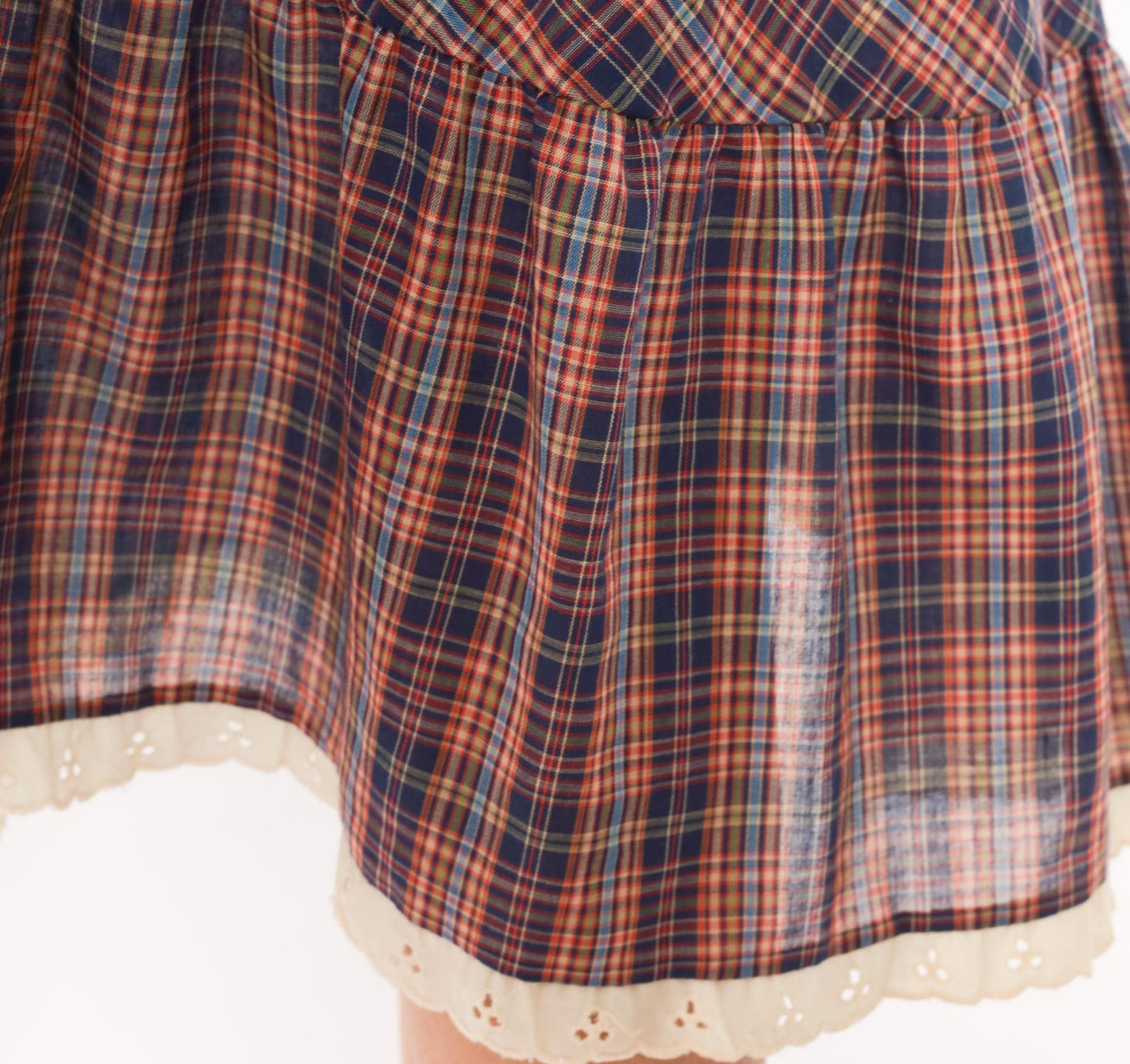 70s Judy Knapp Plaid A-Line Midi Skirt Red Navy Eyelet Lace Ruffle Small