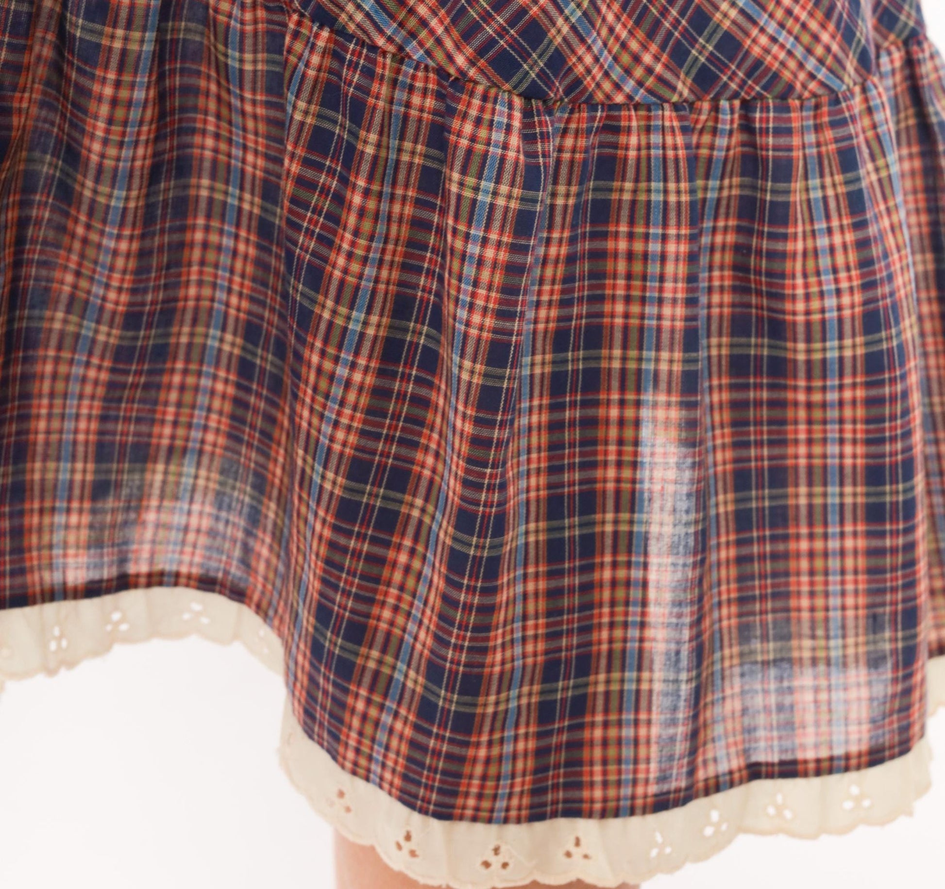 70s Judy Knapp Plaid A-Line Midi Skirt Red Navy Eyelet Lace Ruffle Small