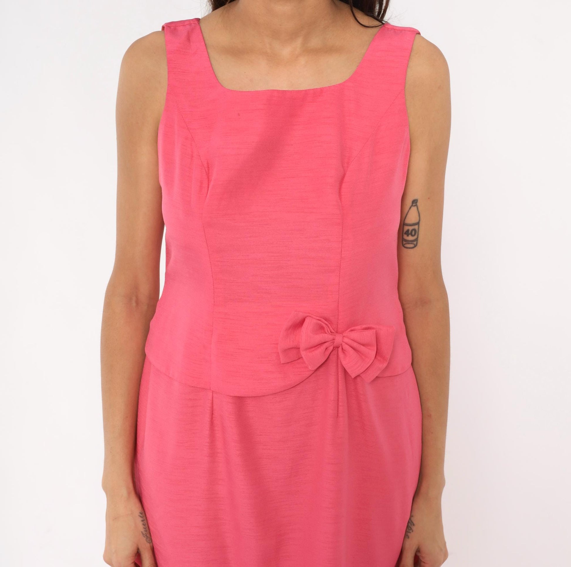 80s Hot Pink Sleeveless Maxi Dress Square Neck Peplum Bow Large L