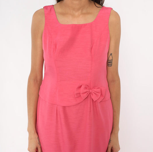 80s Hot Pink Sleeveless Maxi Dress Square Neck Peplum Bow Large L