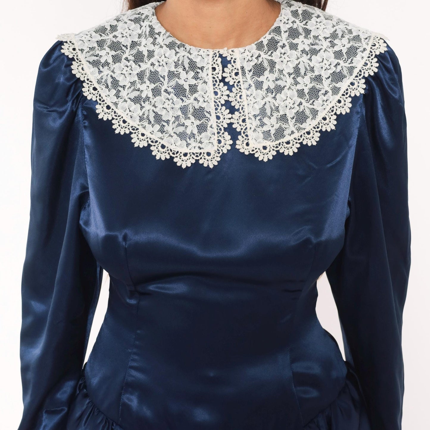 80s Navy Satin Peplum Dress Lace Collar Puff Shoulder Knee Length Small