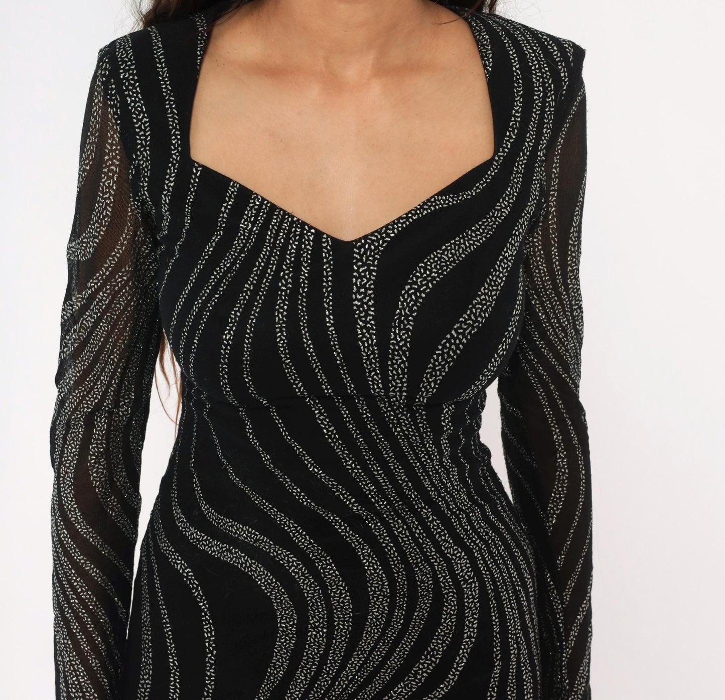90s Betsy & Adam Black Mini Dress Silver Glitter Wave Sweetheart Small S