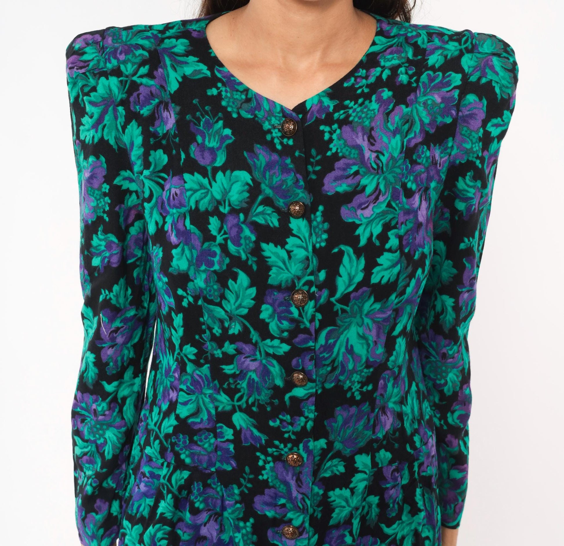 90s Petite Jazz Floral Button-Front Dress Teal Black Botanical Shoulder Pad Large
