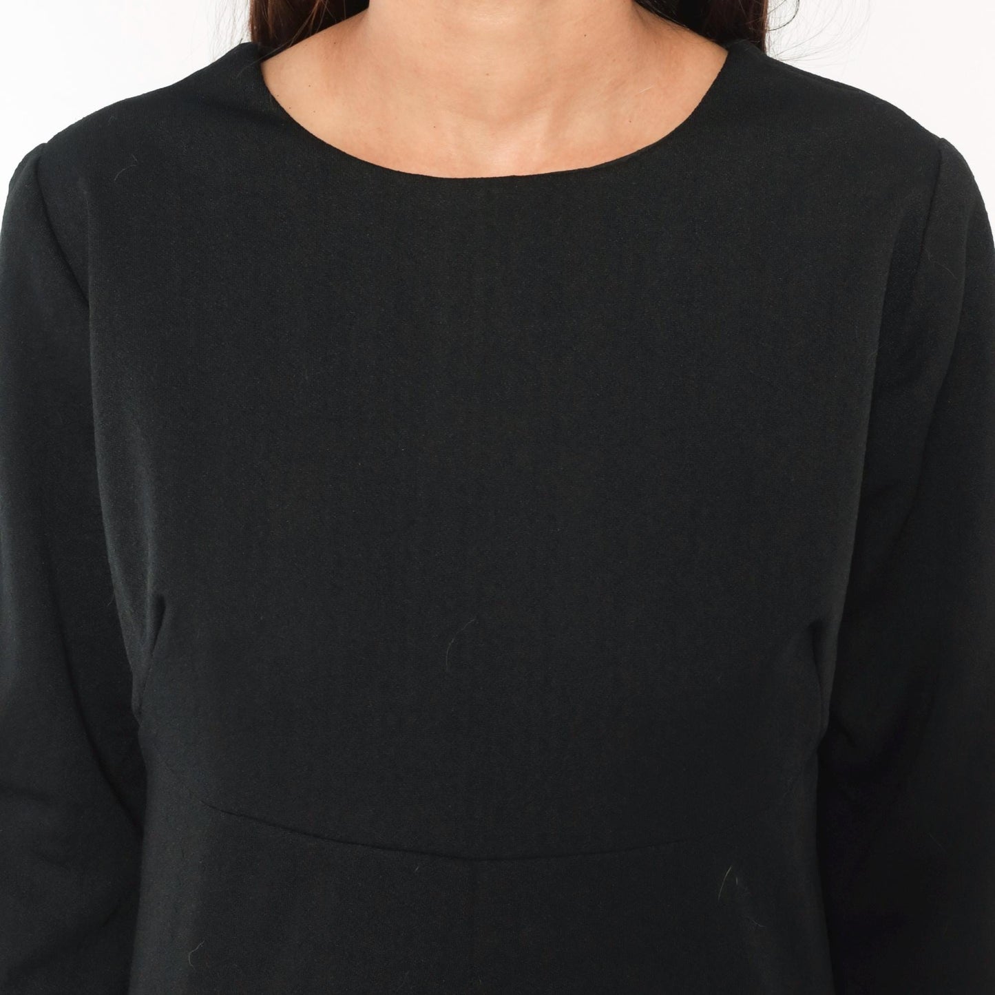 70s Black A-Line Dress Empire Waist Long Sleeve Round Neck Zip Back Large L