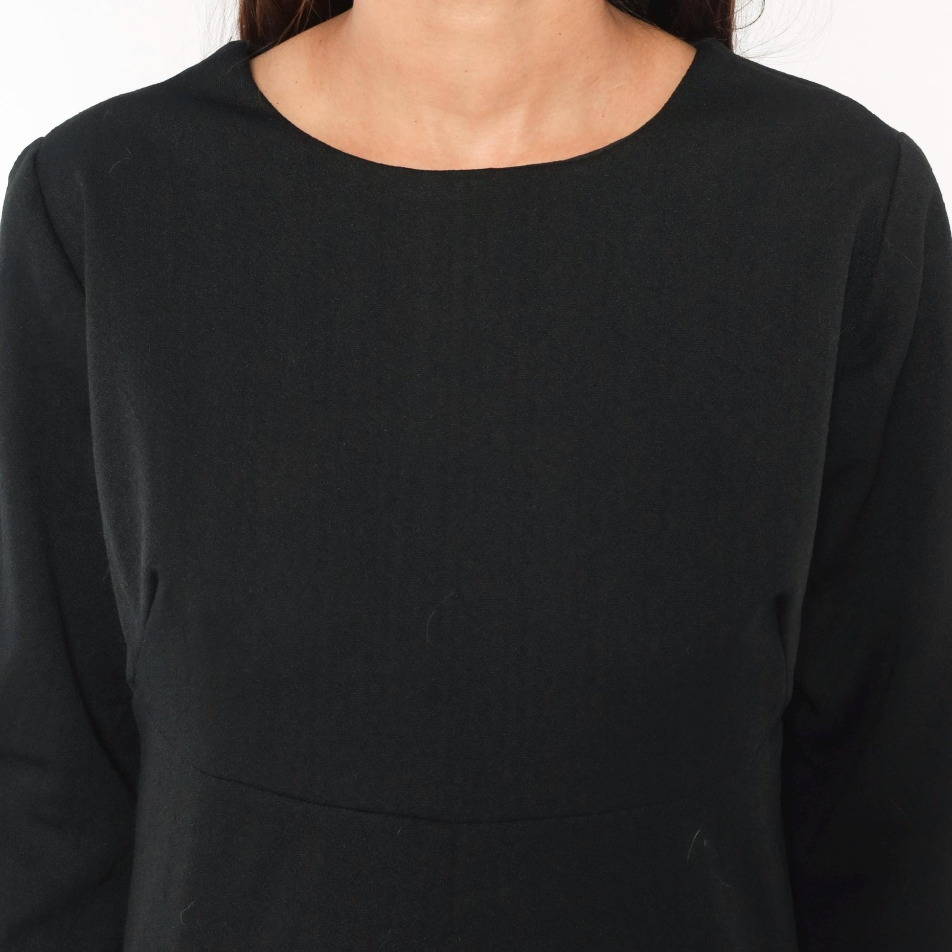 70s Black A-Line Dress Empire Waist Long Sleeve Round Neck Zip Back Large L