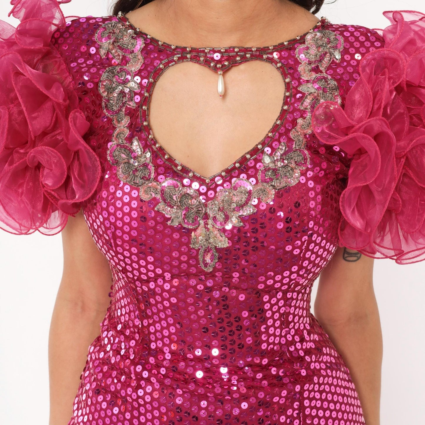 80s Fuchsia Sequin Mini Dress Heart Cutout Puff Sleeve Beaded Extra Small
