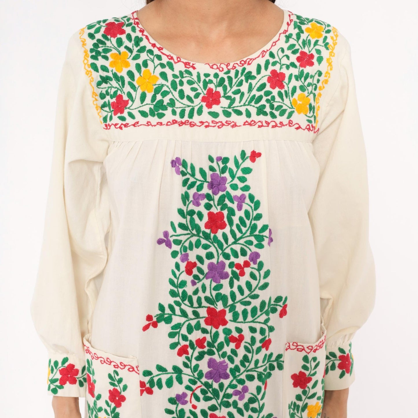 70s Embroidered Mexican Cotton Maxi Dress Floral Cream Long Sleeve Small