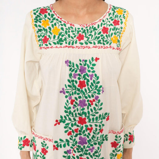 70s Embroidered Mexican Cotton Maxi Dress Floral Cream Long Sleeve Small