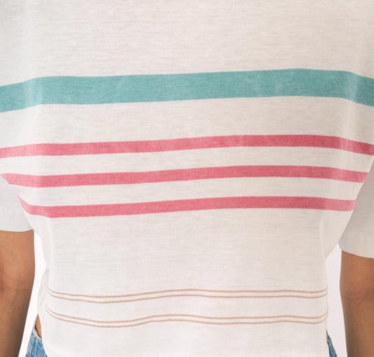 90s Striped Crop Top White Teal Pink Cotton Boxy Tee Small S