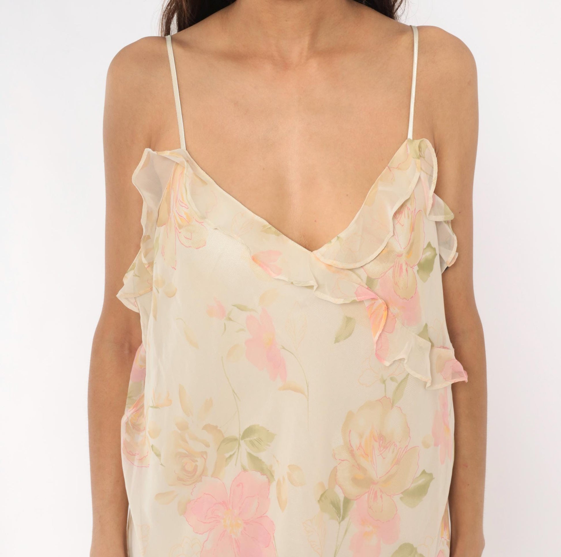 90s Valerie Stevens Floral Maxi Dress Cream Pink Chiffon V-Neck Extra Large XL