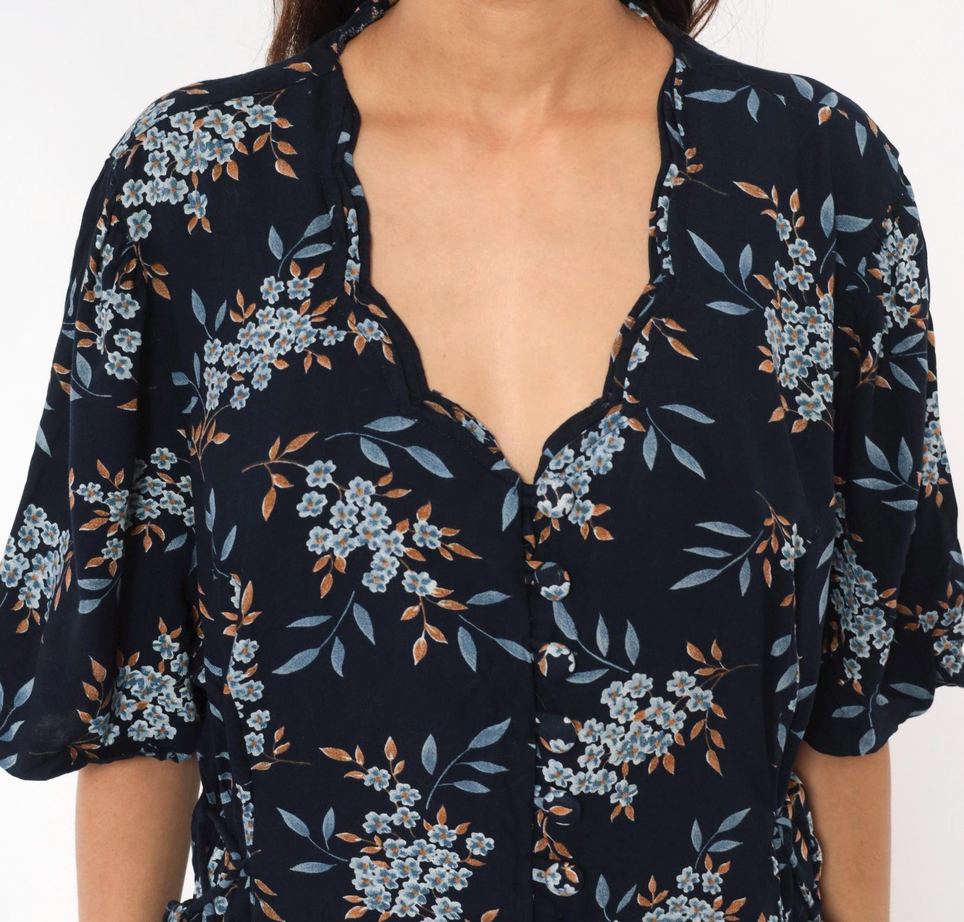 90s Jamie Brooke Floral Midi Dress Navy Blue Tie Waist Plus Size 20W