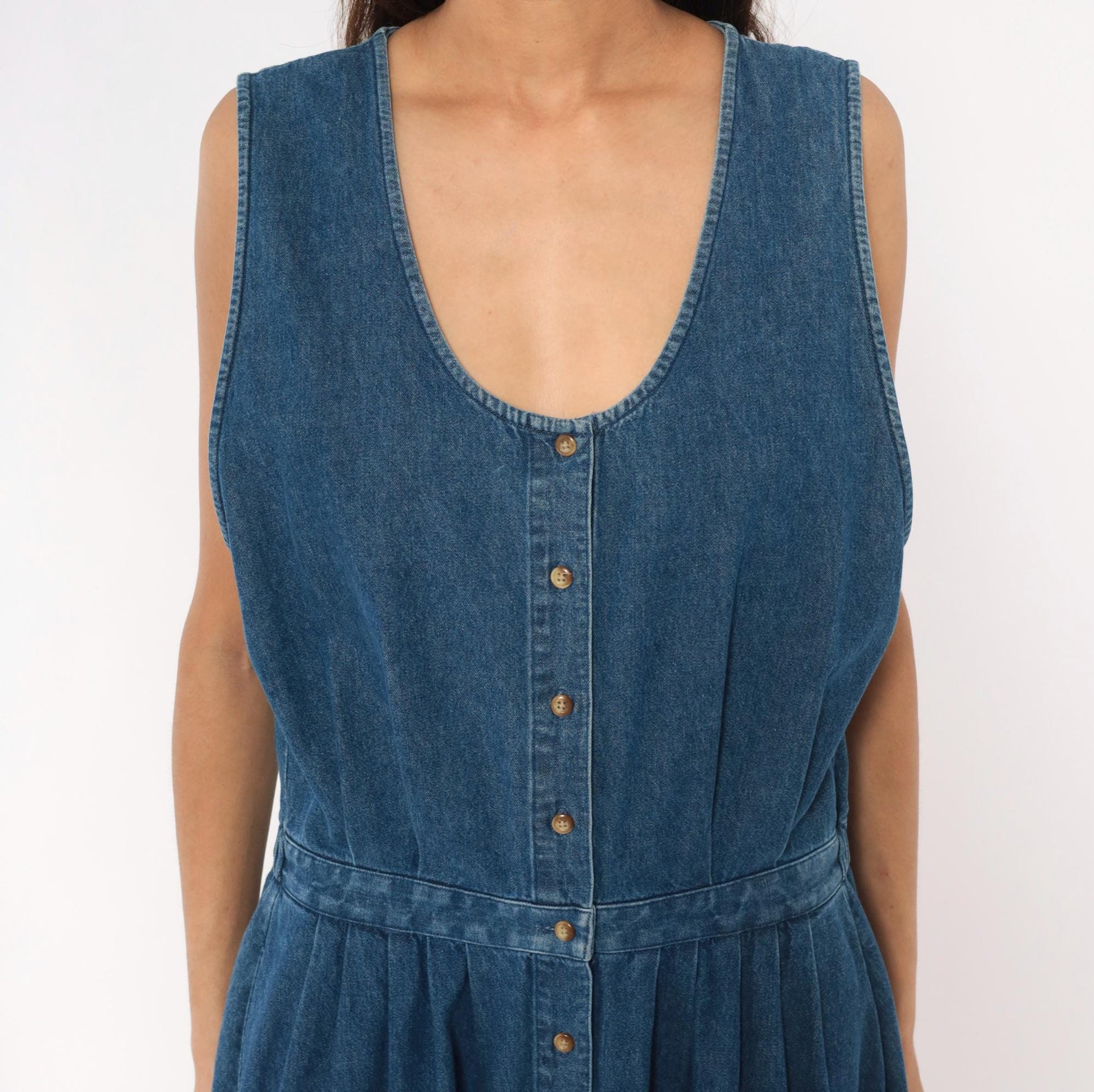 90s Eddie Bauer Denim Maxi Dress Sleeveless Button Front Blue Cotton Large L