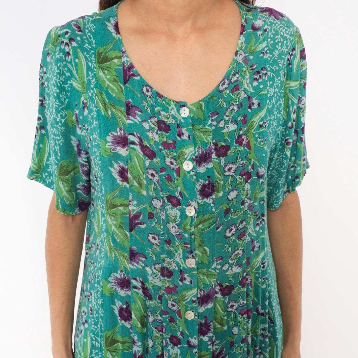 90s La Cera Floral Button Front Midi Dress Teal Purple Pockets Medium M