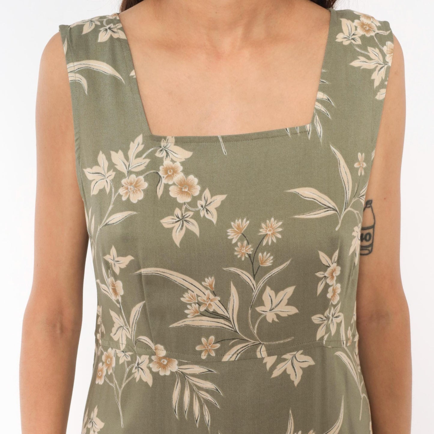 90s Kathie Lee Olive Floral Maxi Dress Cream Botanical Fitted Waist Large L