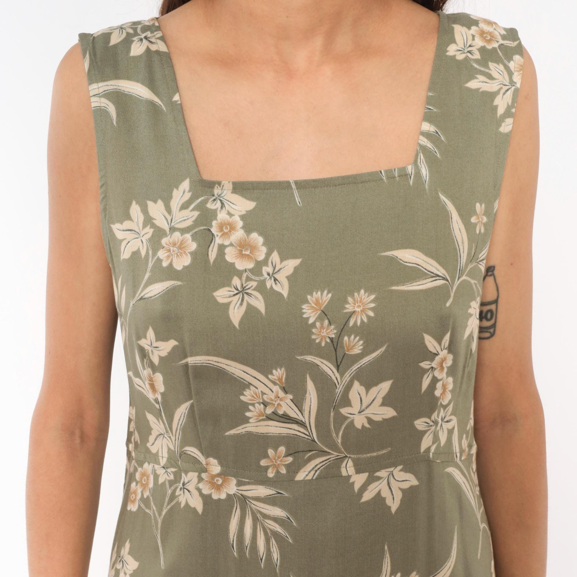 90s Kathie Lee Olive Floral Maxi Dress Cream Botanical Fitted Waist Large L