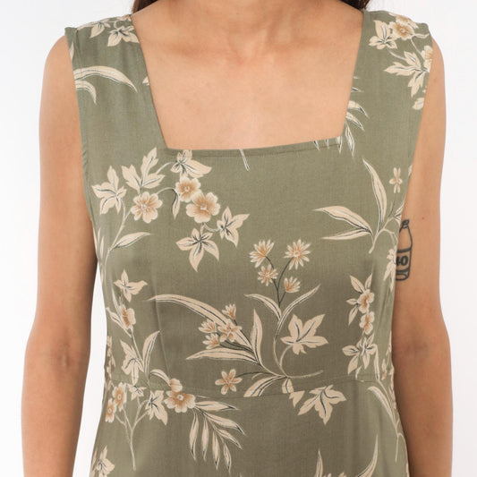 90s Kathie Lee Olive Floral Maxi Dress Cream Botanical Fitted Waist Large L