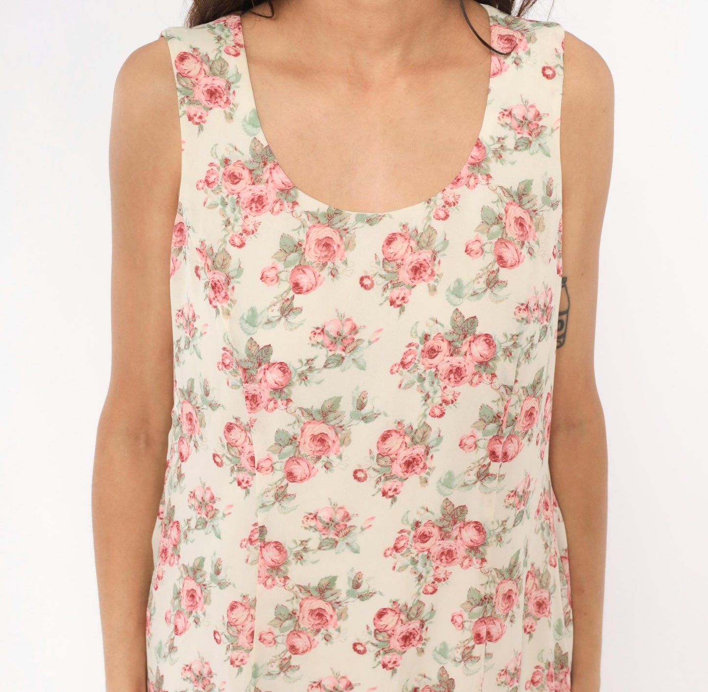 90s All That Jazz Rose Floral Sundress Cream Pink Scoop Neck Medium M