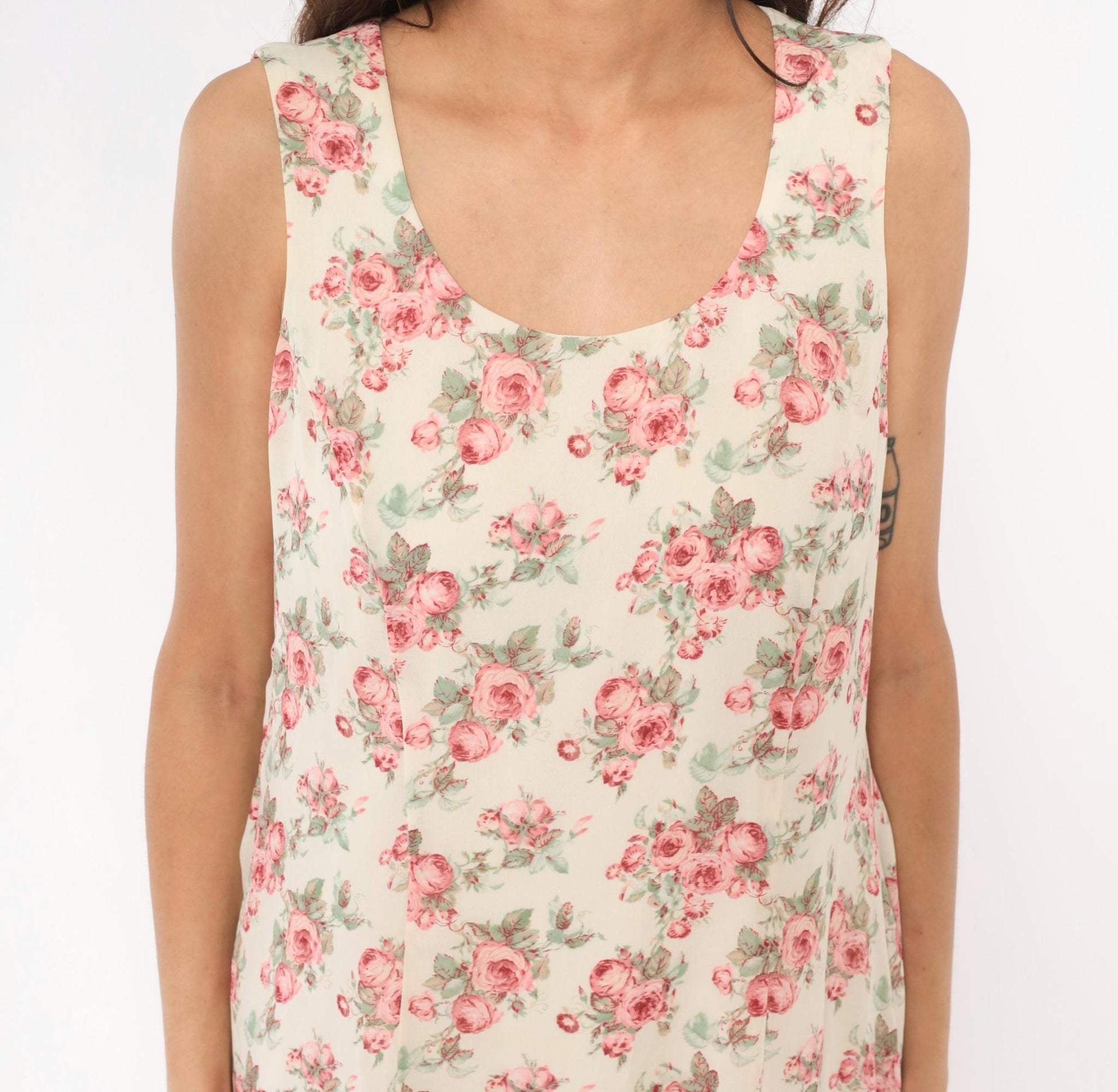 90s All That Jazz Rose Floral Sundress Cream Pink Scoop Neck Medium M