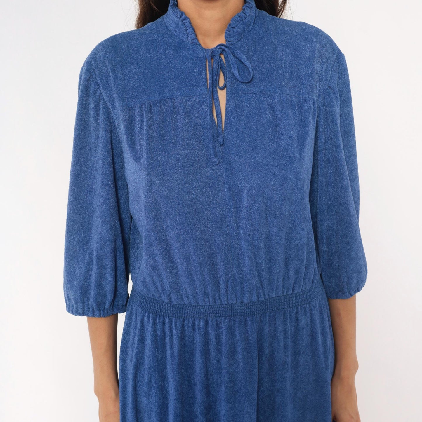 1970s Cobalt Terry Cloth Dress Tie Neck Puff Sleeve Flared Midi Large L