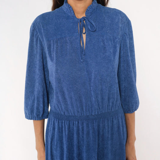 1970s Cobalt Terry Cloth Dress Tie Neck Puff Sleeve Flared Midi Large L