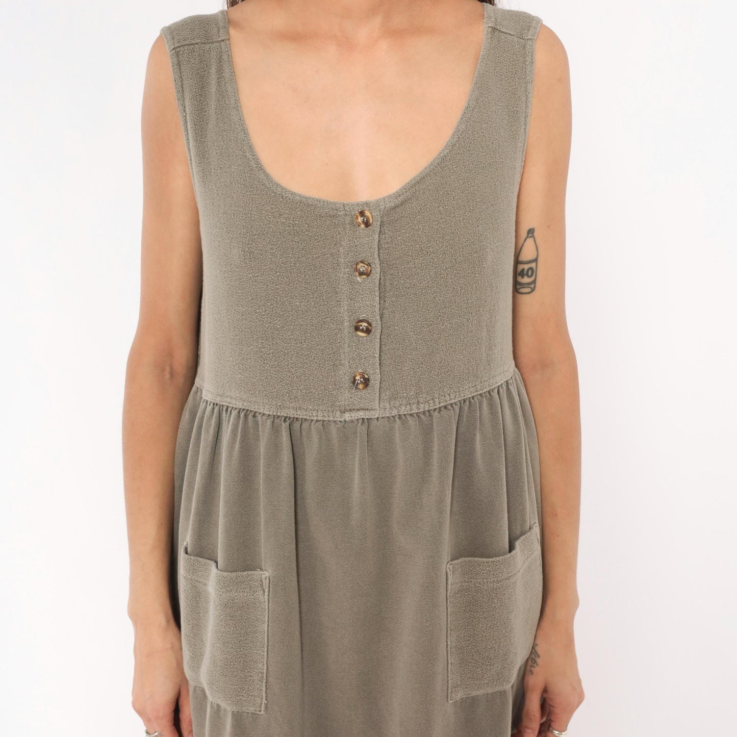90s Cotton Stuff Classics Maxi Dress Grey Sleeveless Button Front Large L