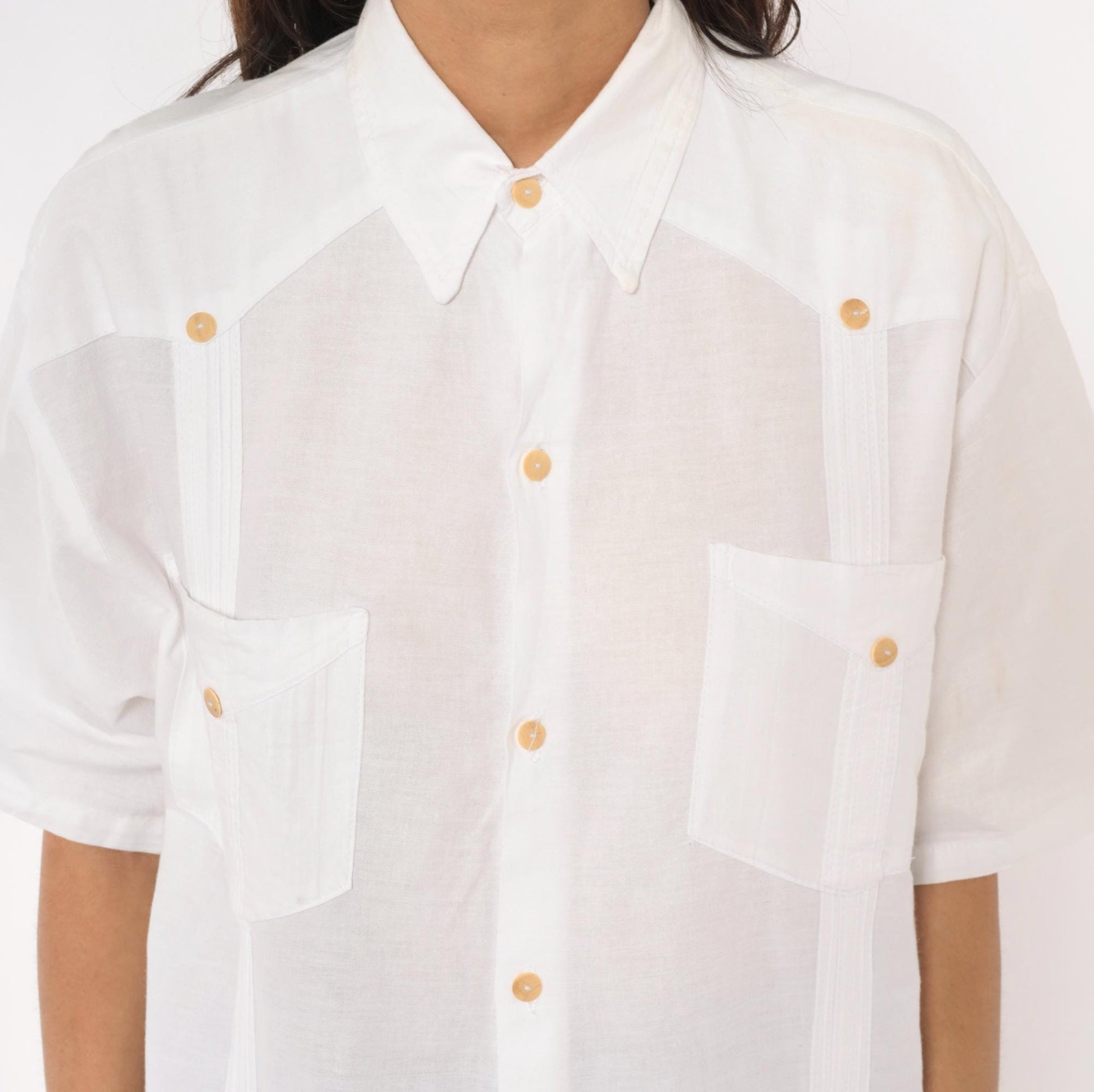 90s White Cotton Button-Up Shirt Four Pocket Short Sleeve Pointed Collar Extra Large XL