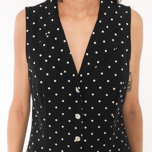 90s Dressbarn Black White Polka Dot Maxi Dress V Neck Button Front Large L