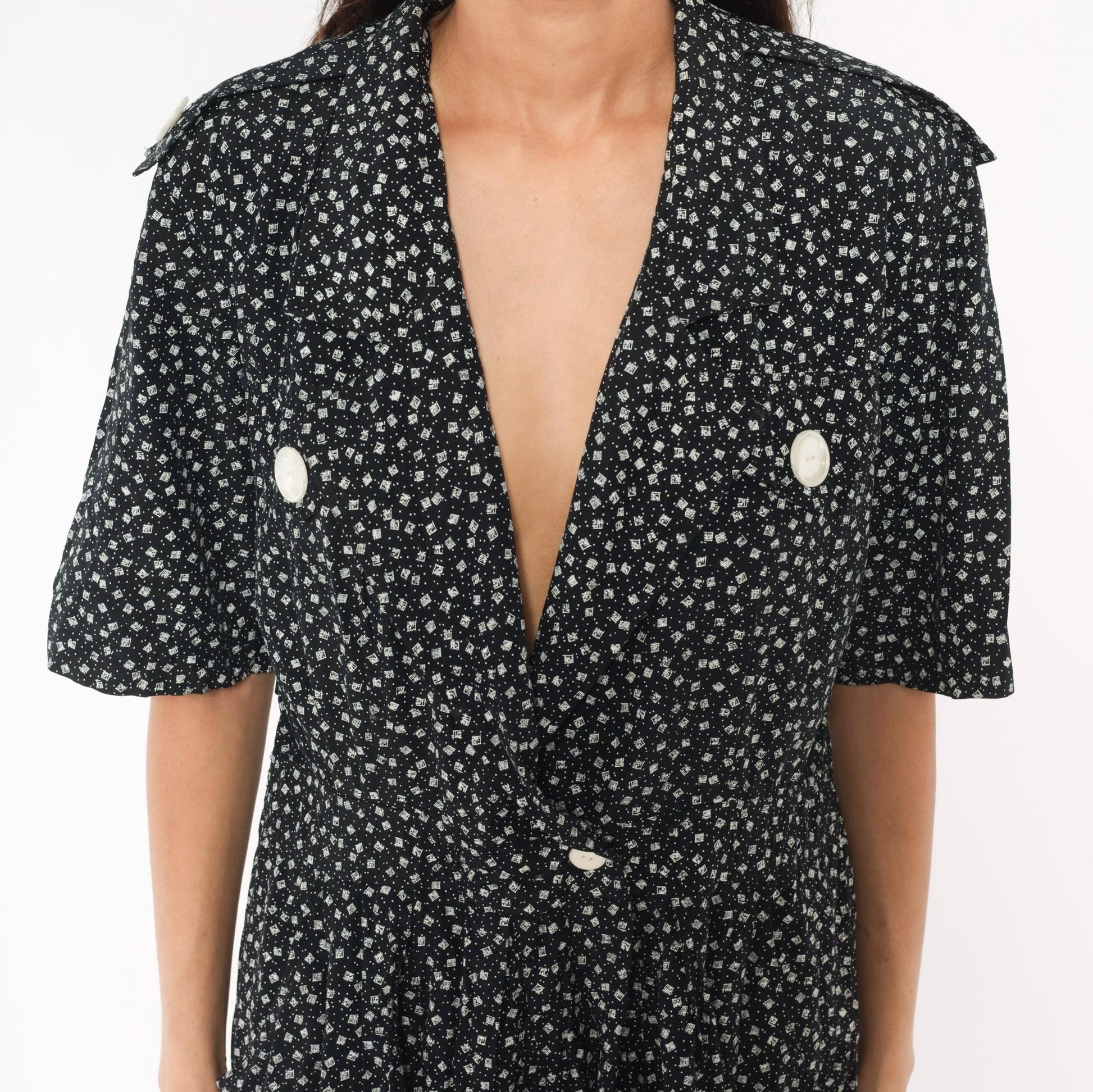 90s SL Fashions Black White Floral Romper Double Breasted Notched Collar Large L