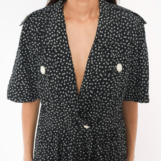 90s SL Fashions Black White Floral Romper Double Breasted Notched Collar Large L