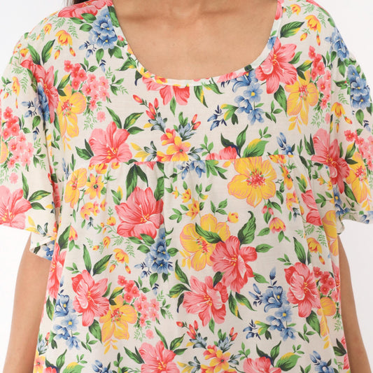 80s Floral Muumuu Dress Pink Yellow Blue Garden Print White Plus Size XXL