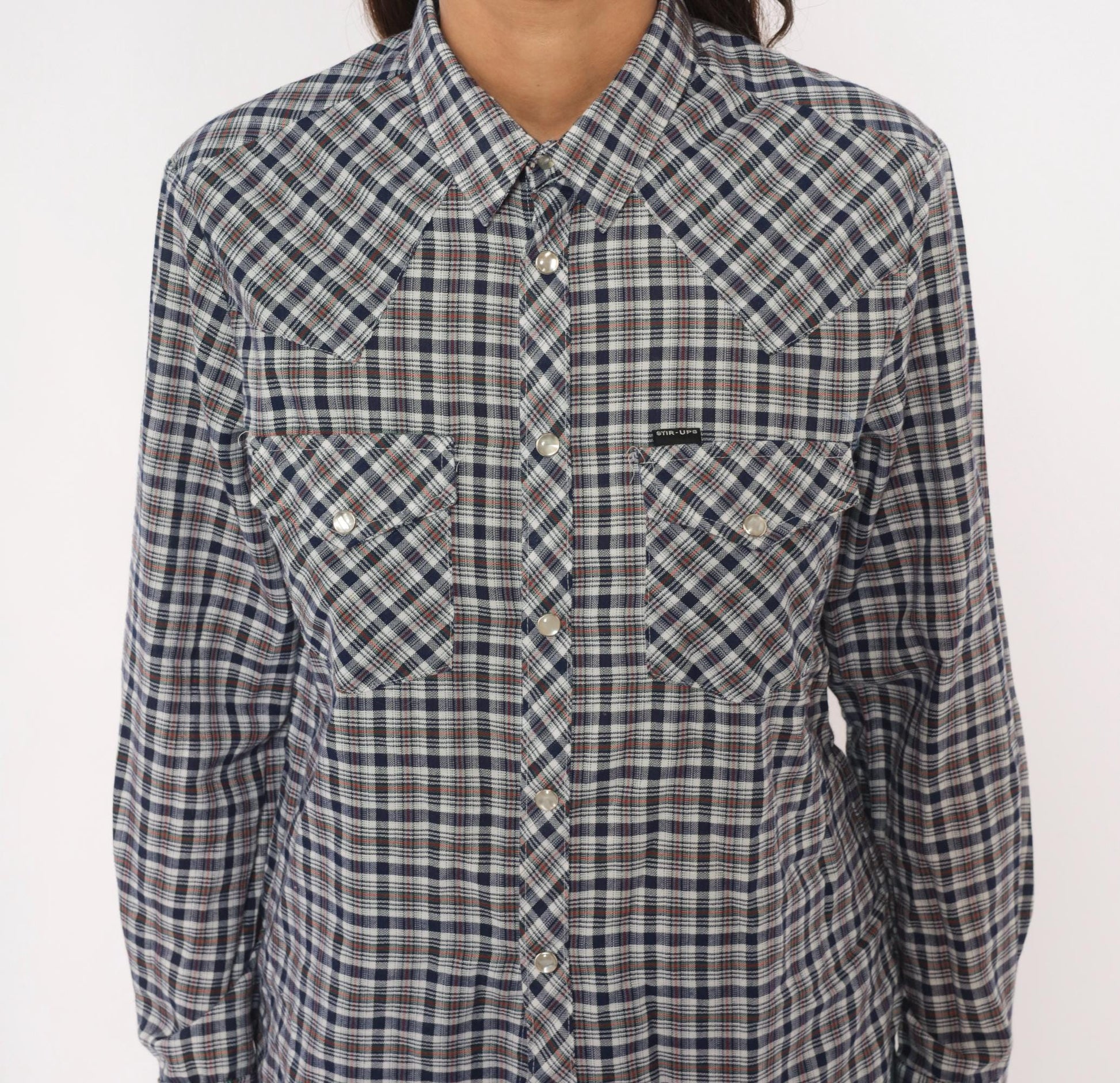 80s Stir Ups Western Plaid Pearl Snap Shirt Navy White Check Cotton Medium