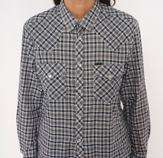 80s Stir Ups Western Plaid Pearl Snap Shirt Navy White Check Cotton Medium