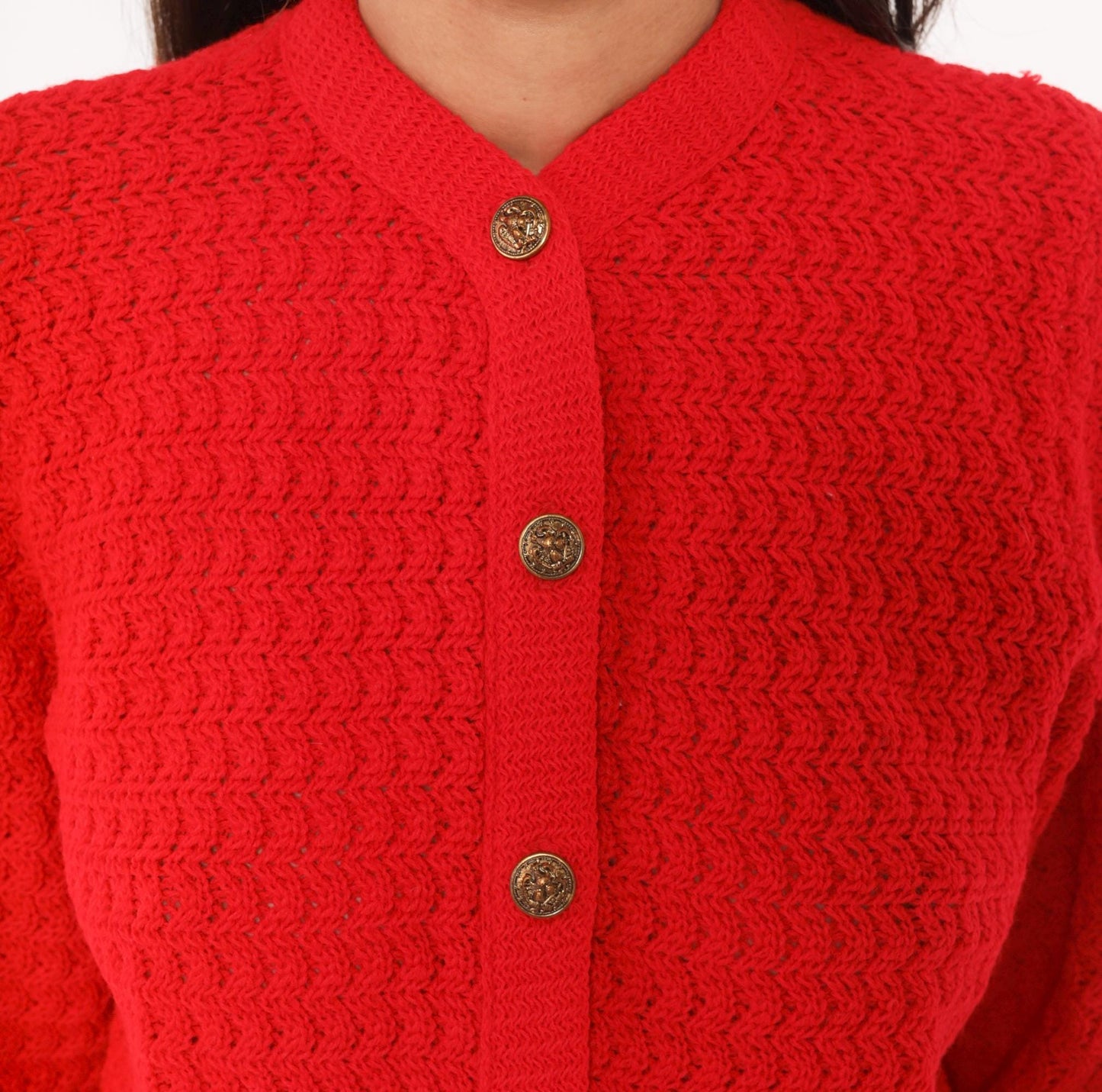 70s Bans Knits Red Cardigan Gold Buttons Mandarin Collar Textured Medium M