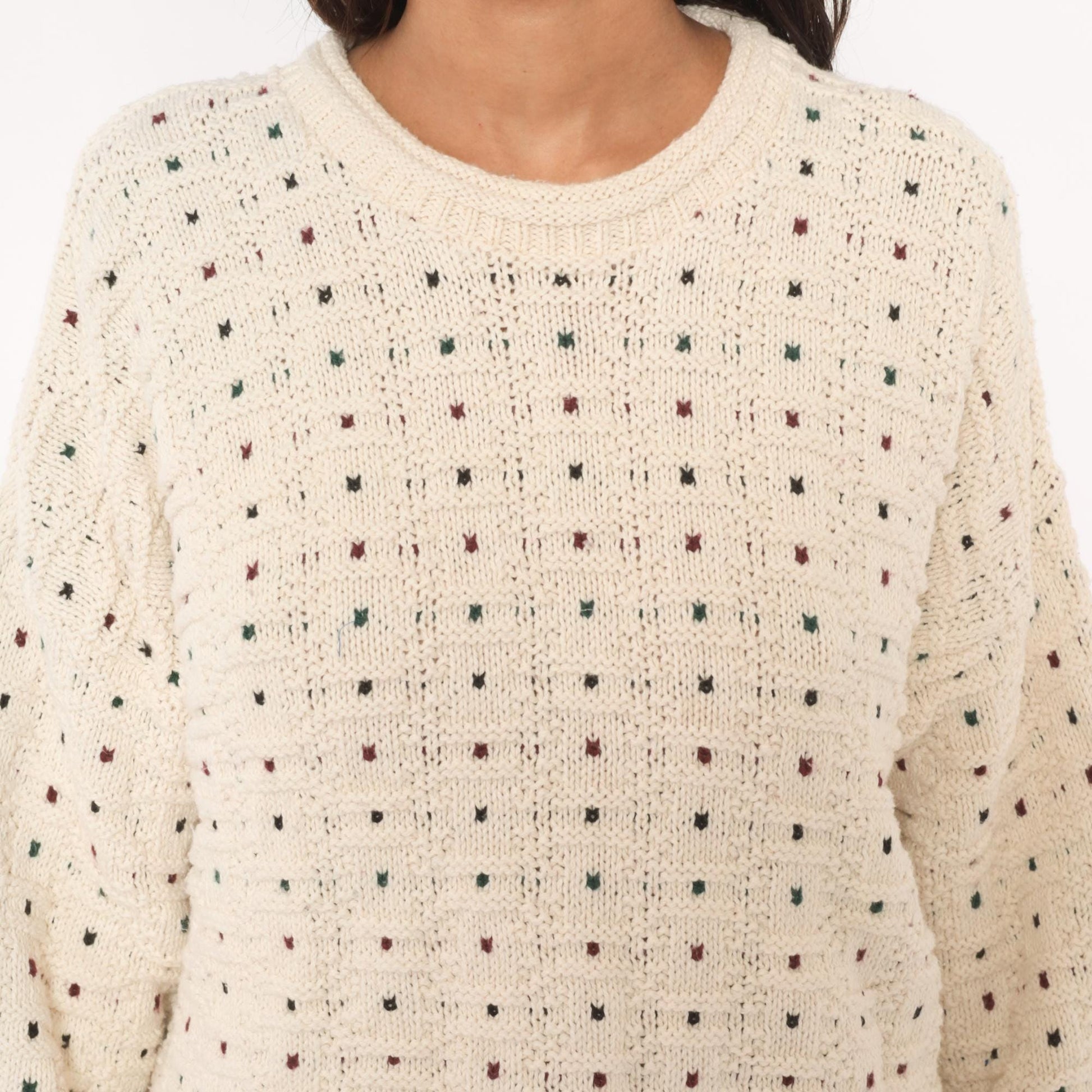 90s CJ Cotton Company Polka Dot Crewneck Sweater Cream Extra Large XL