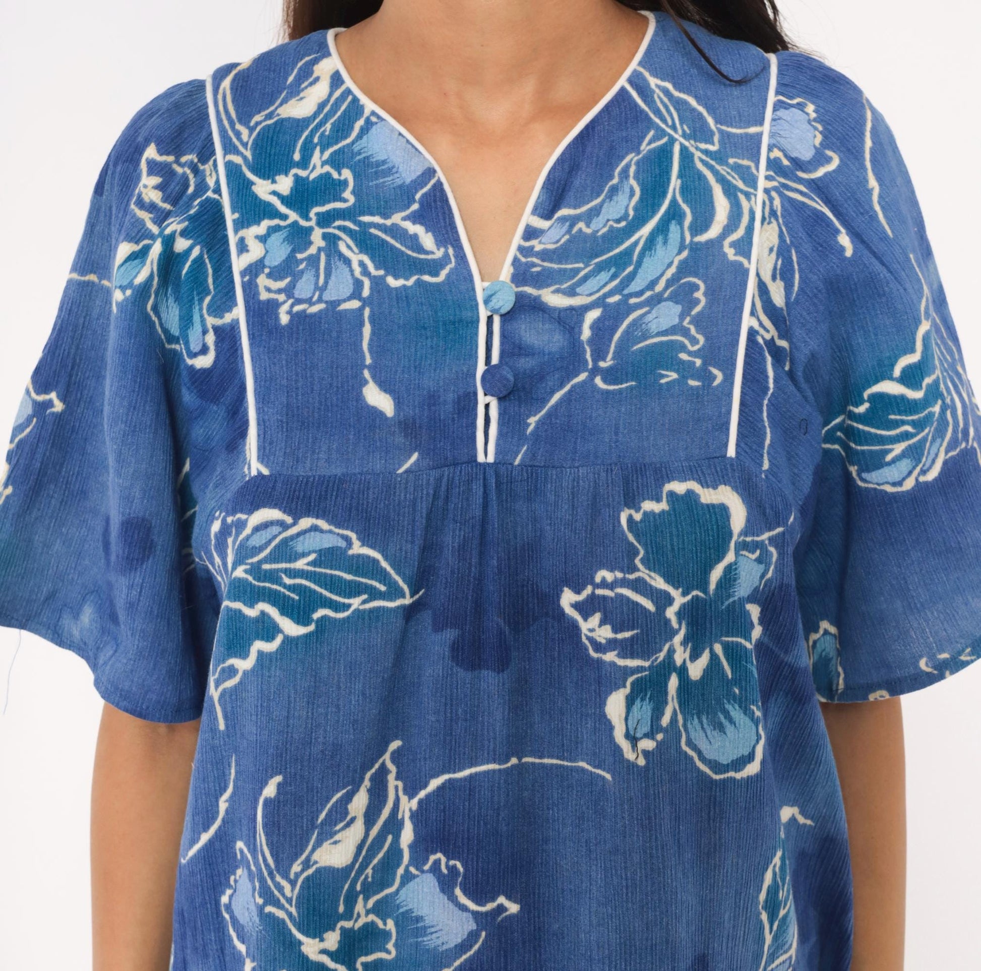80s Sidan Blue Floral Shift Dress Flutter Sleeve Empire Waist Medium M