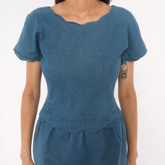 90s Central Falls Denim Dress Scalloped Waist Sweetheart Neckline Blue Medium M