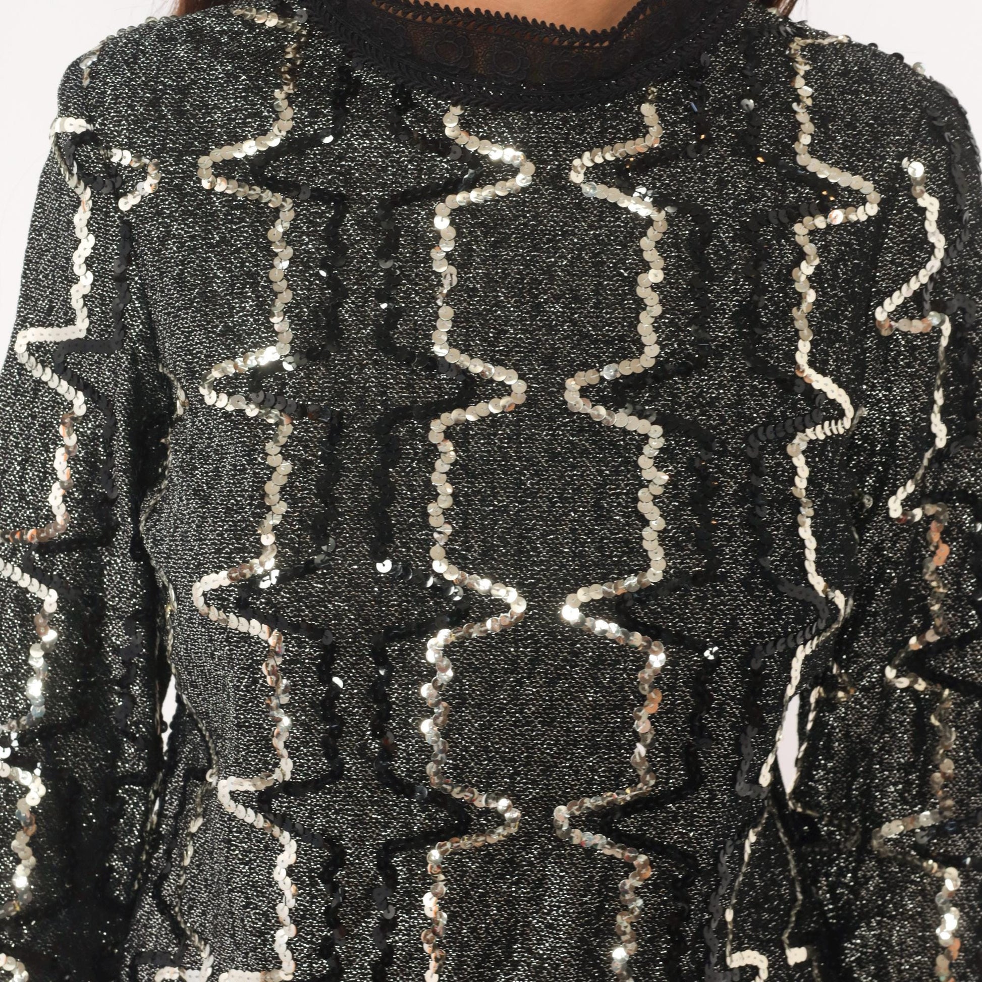 90s Elinor Gay Black Silver Sequin Blouse Geometric Zigzag Long Sleeve Medium