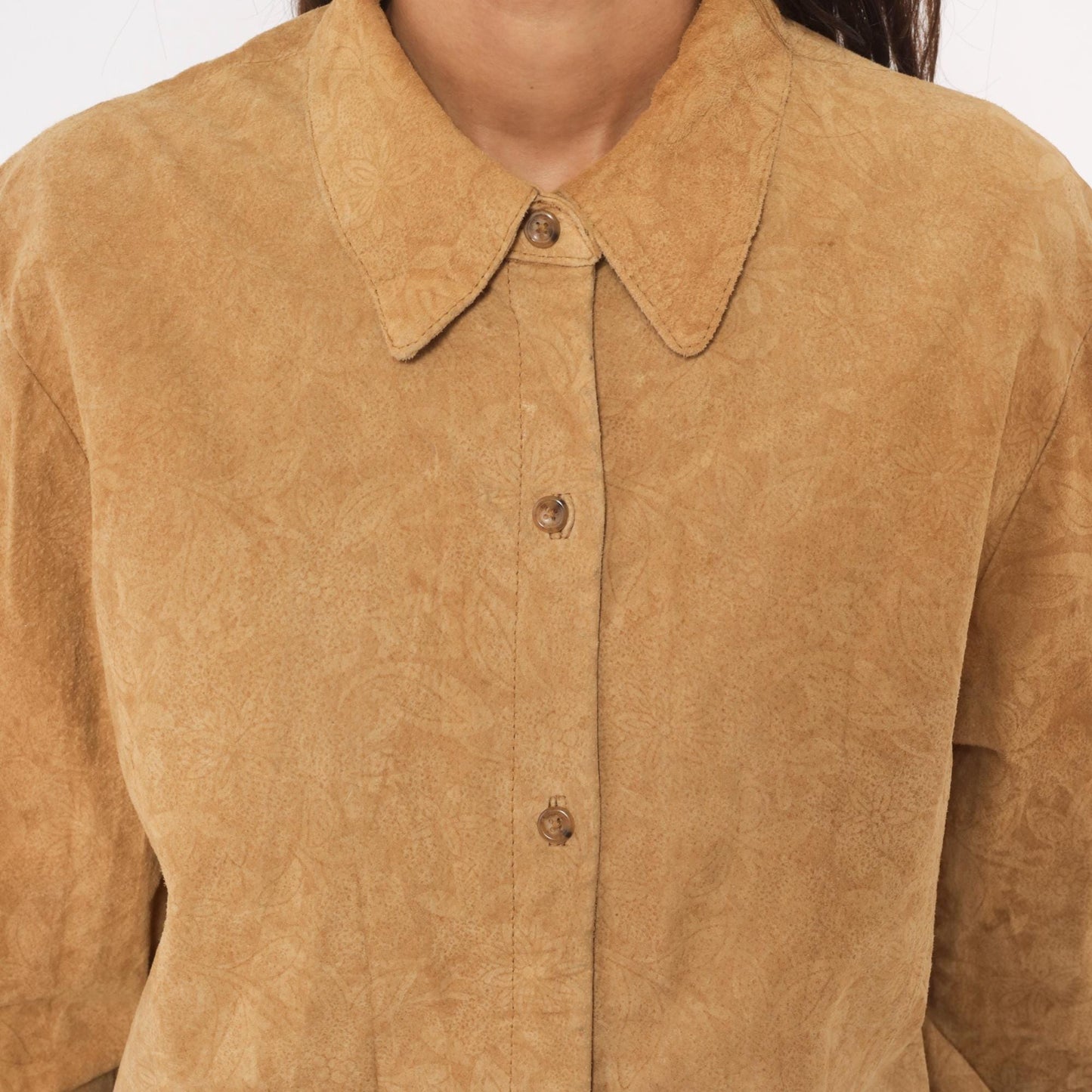 2000s Coldwater Creek Suede Shirt Embossed Floral Camel Button-Front Large L