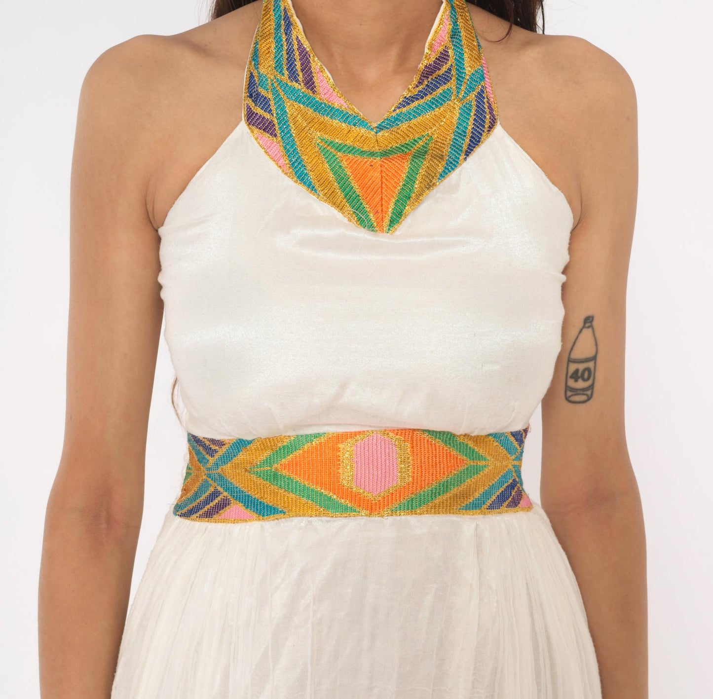 90s White Cotton Gauze Halter Midi Dress Embroidered Cross Geometric Trim Small
