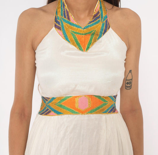 90s White Cotton Gauze Halter Midi Dress Embroidered Cross Geometric Trim Small