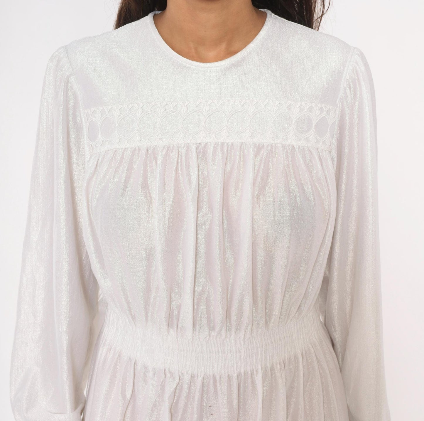80s White Iridescent Babydoll Dress Puff Sleeve Lace Yoke Mini Medium Large