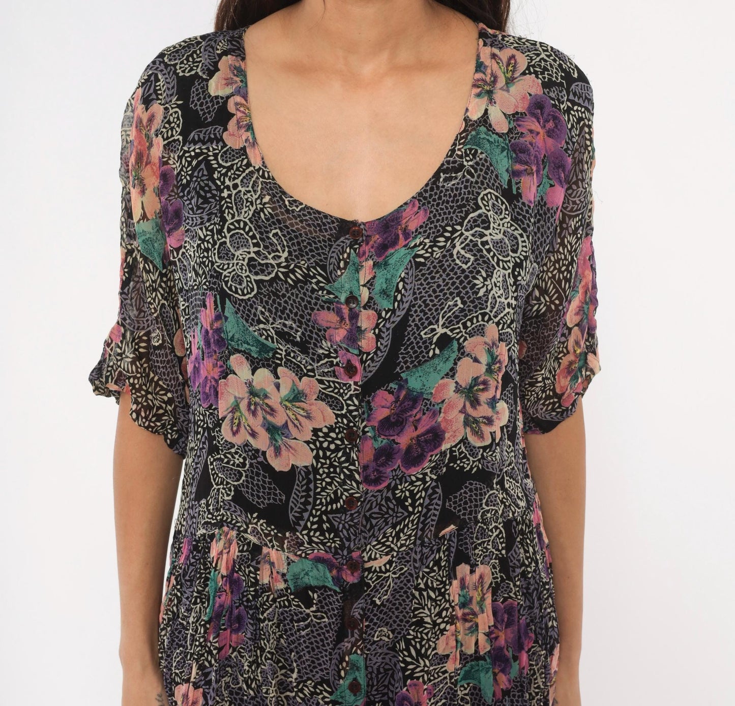90s Nostalgia Floral Midi Dress Button Front Short Sleeve Purple Pink Teal Medium